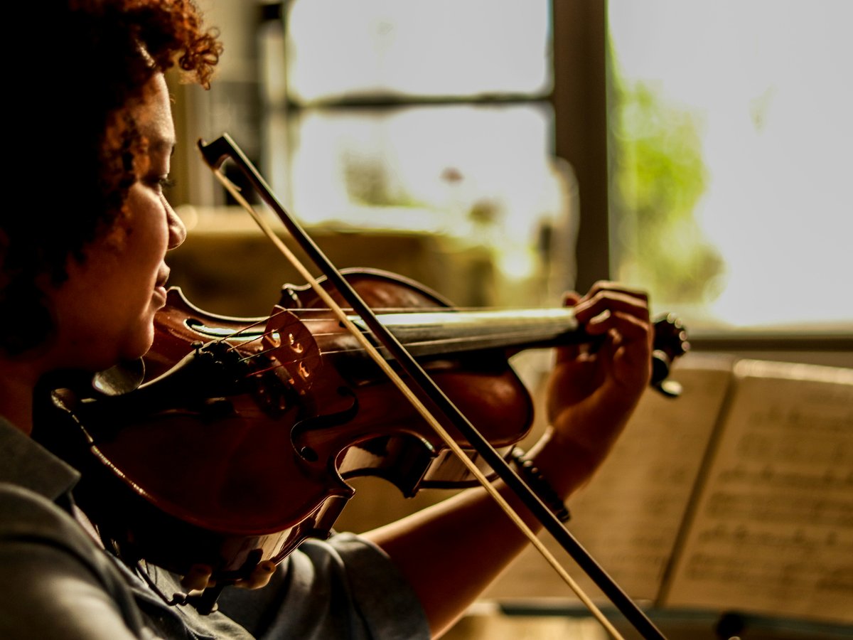 An adult violinist playing by a sunlit window, bow drawn across the strings, sheet music open in front of her.
