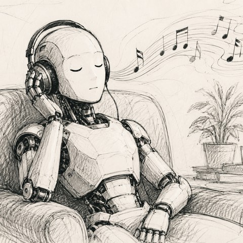 Pencil-style illustration of a robot relaxing in an armchair with headphones on, listening to music.